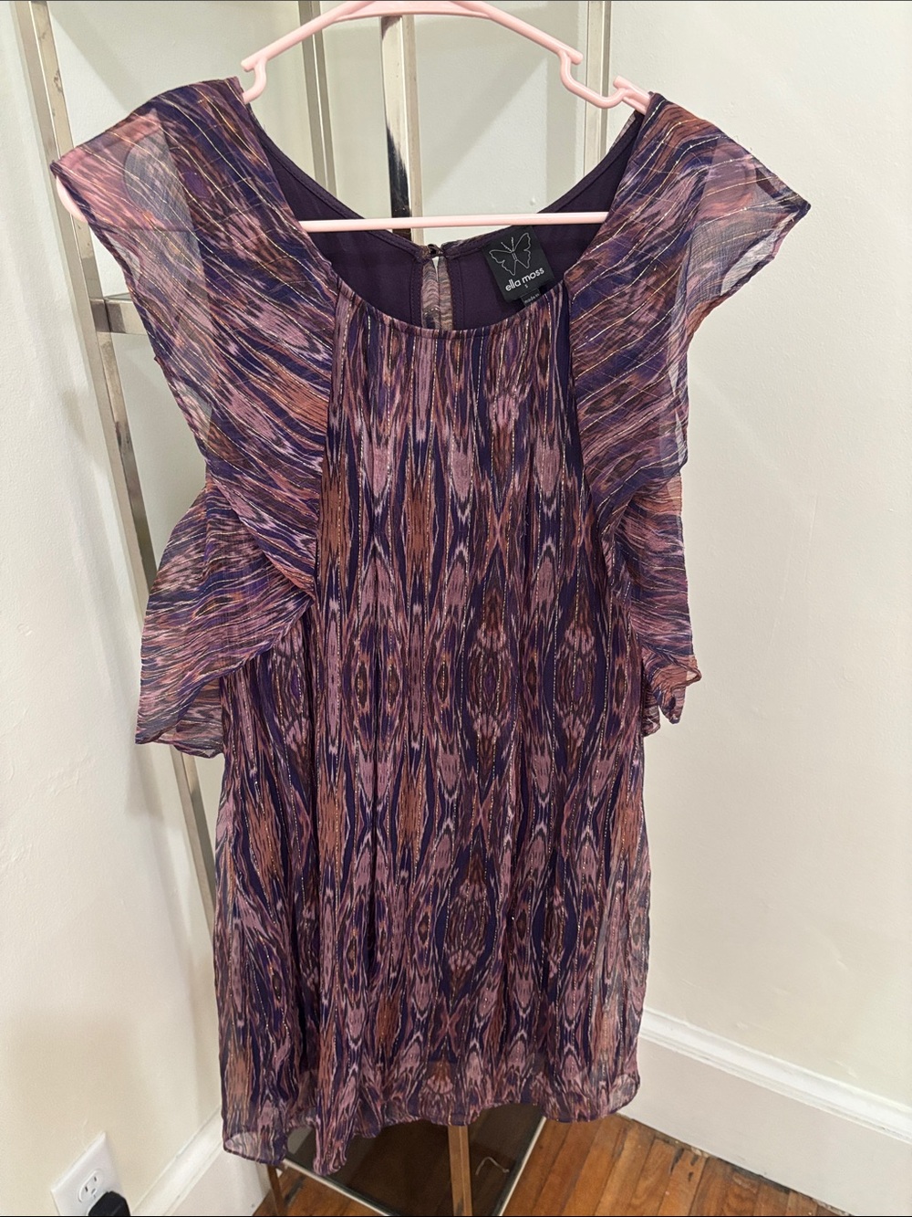 Ella Moss Purple and Gold Patterned Chiffon Dress